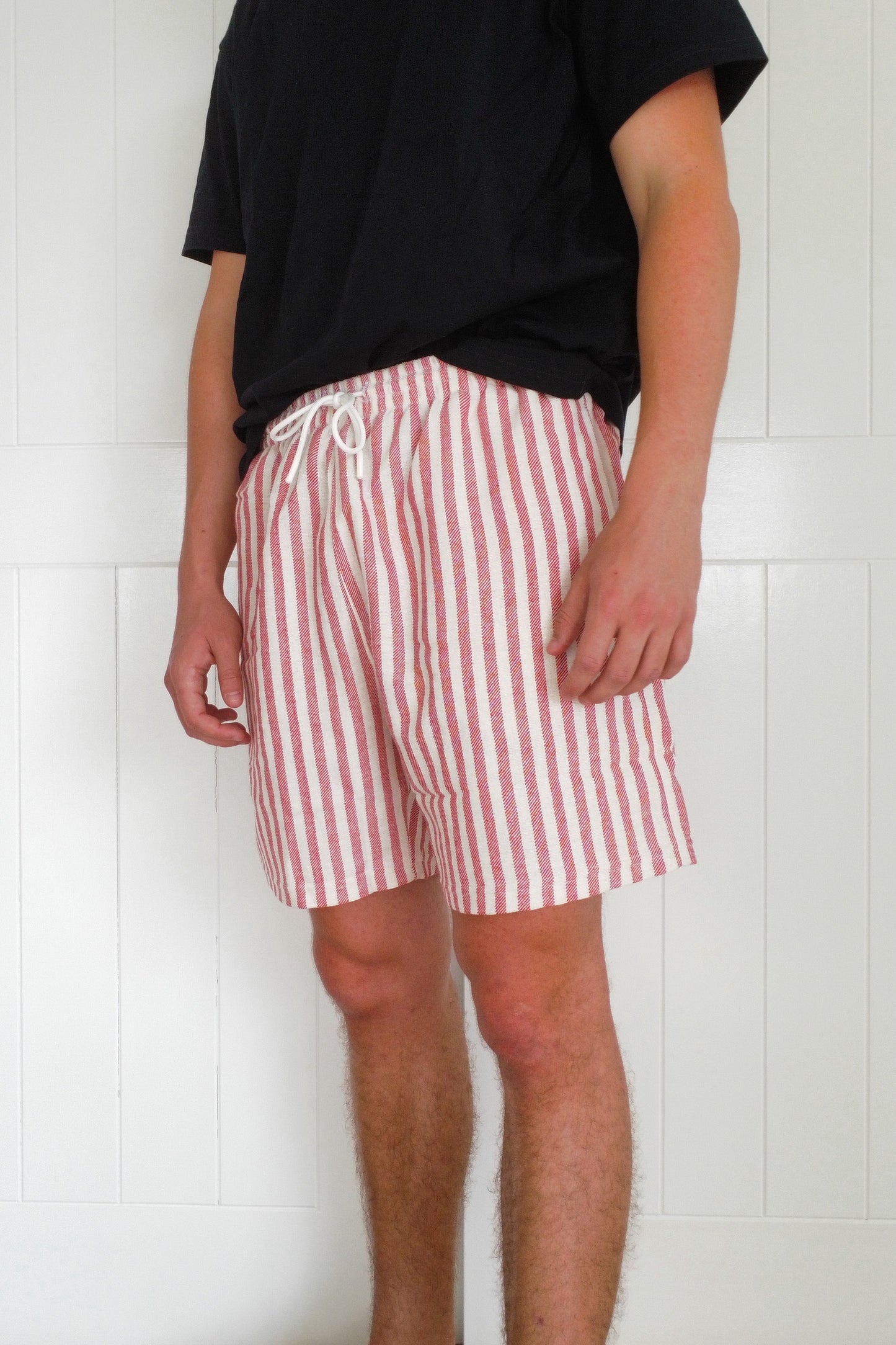 Red Narrow Stripe Towel Shorts