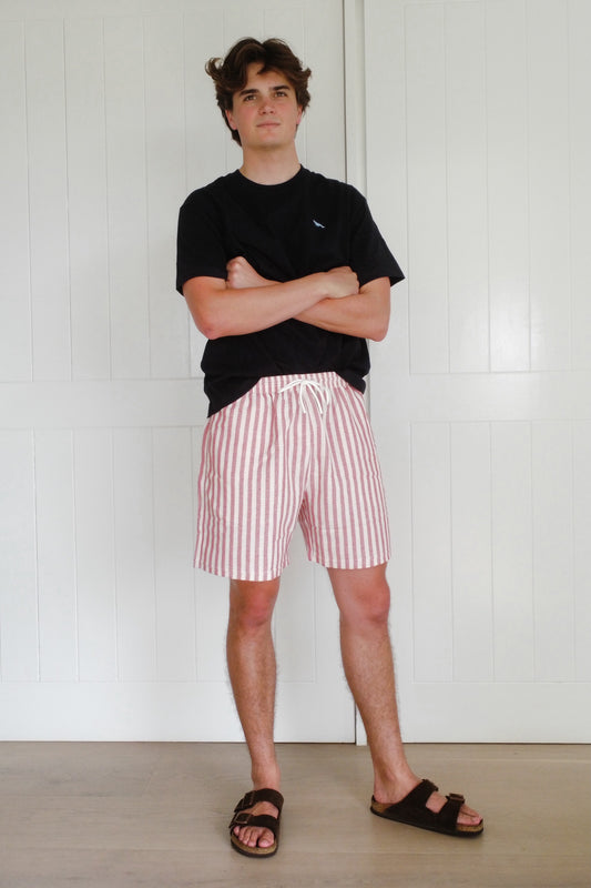 Red Narrow Stripe Towel Shorts