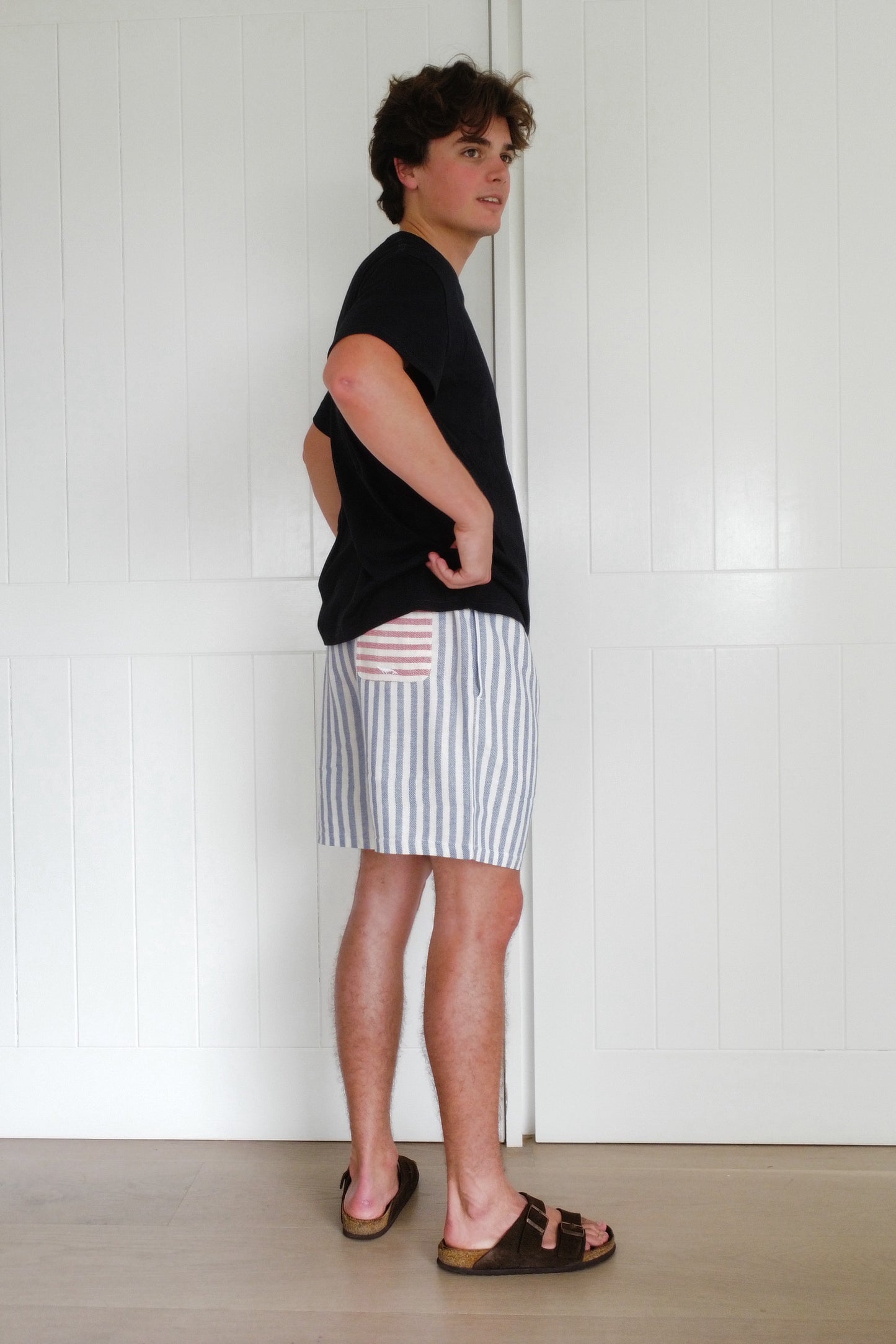 Blue Narrow Stripe Towel Shorts