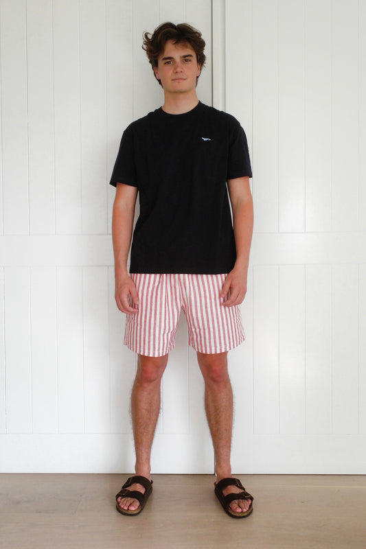Red Narrow Stripe Towel Shorts