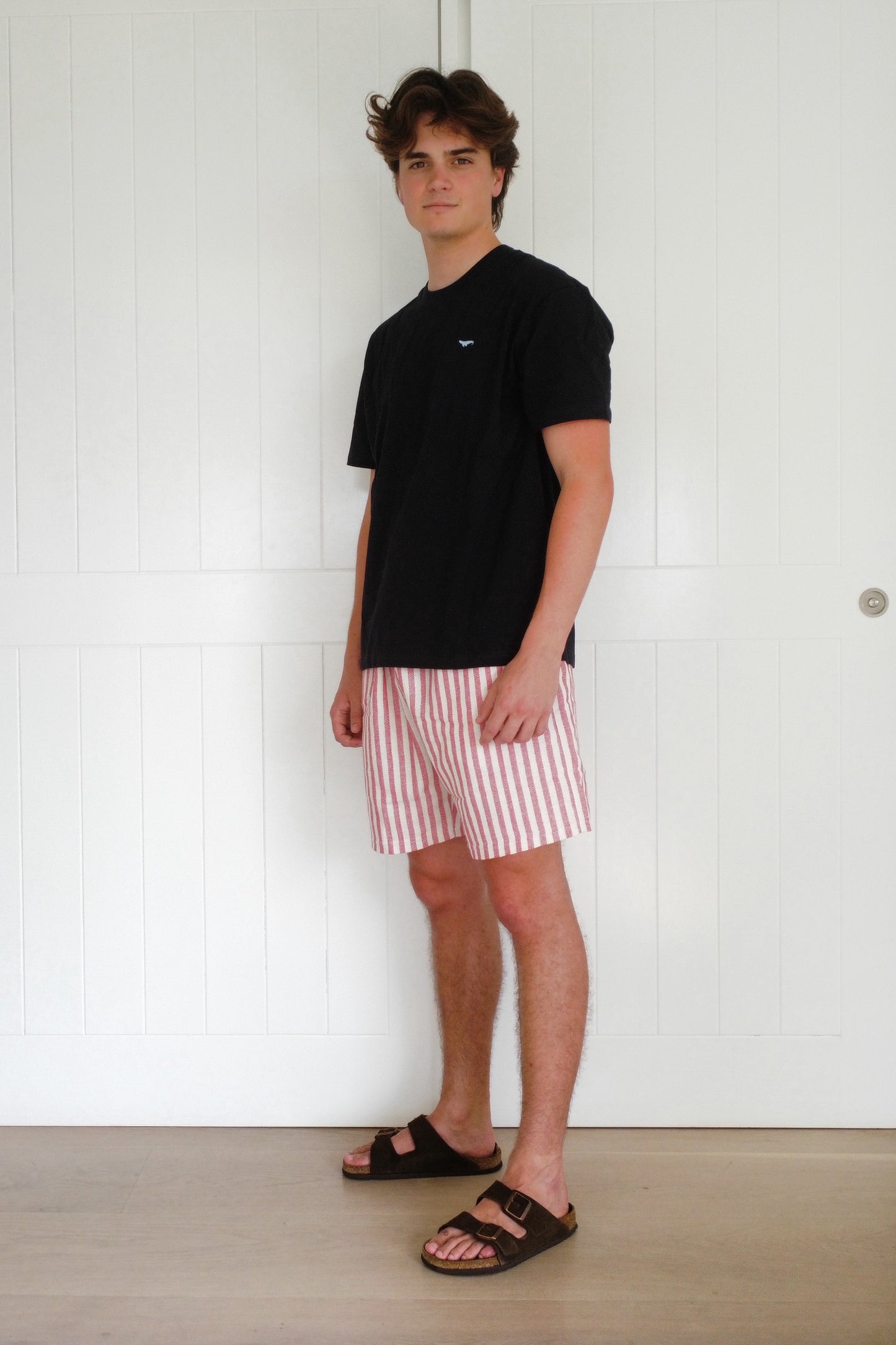 Red Narrow Stripe Towel Shorts