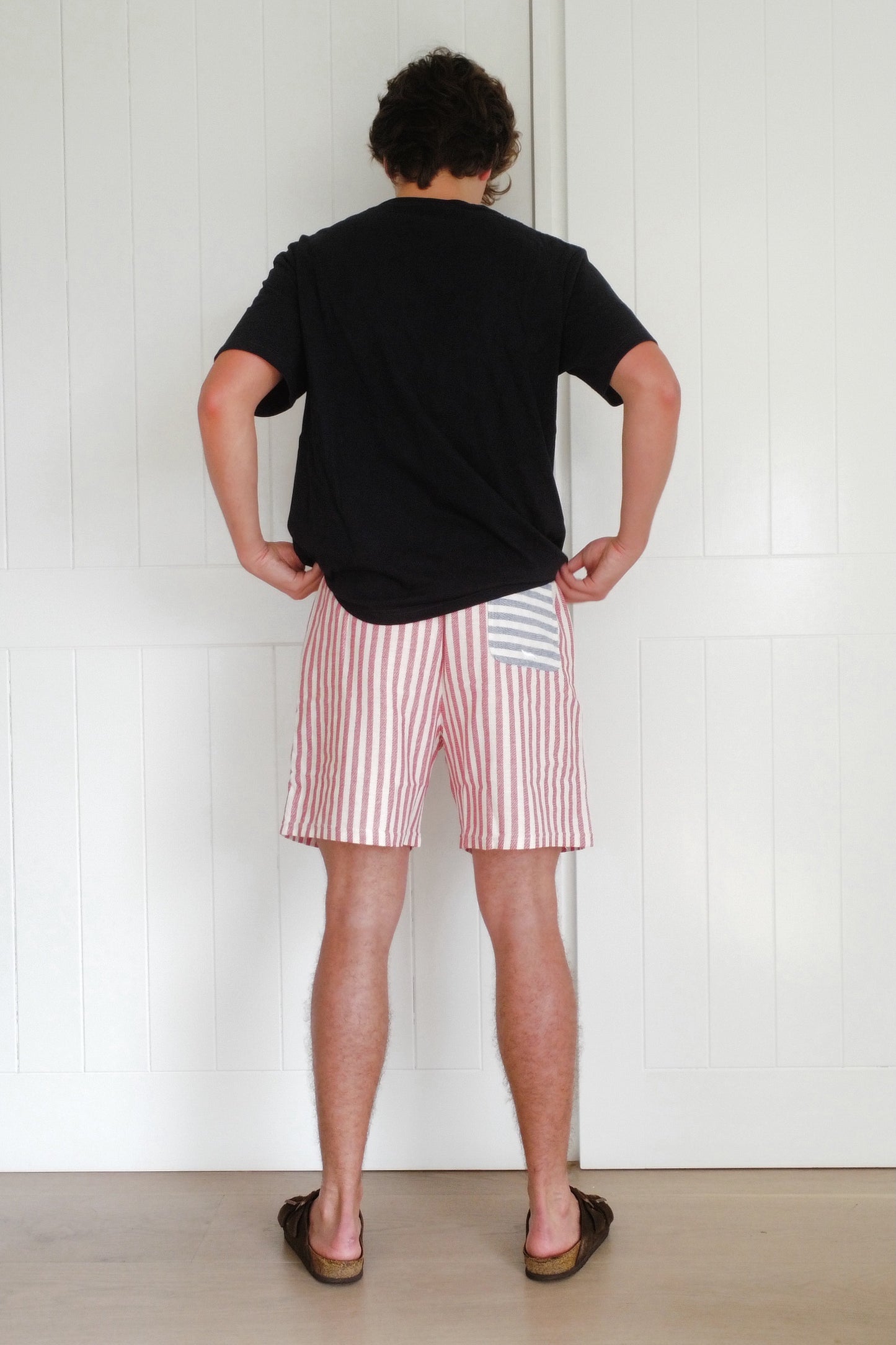 Red Narrow Stripe Towel Shorts