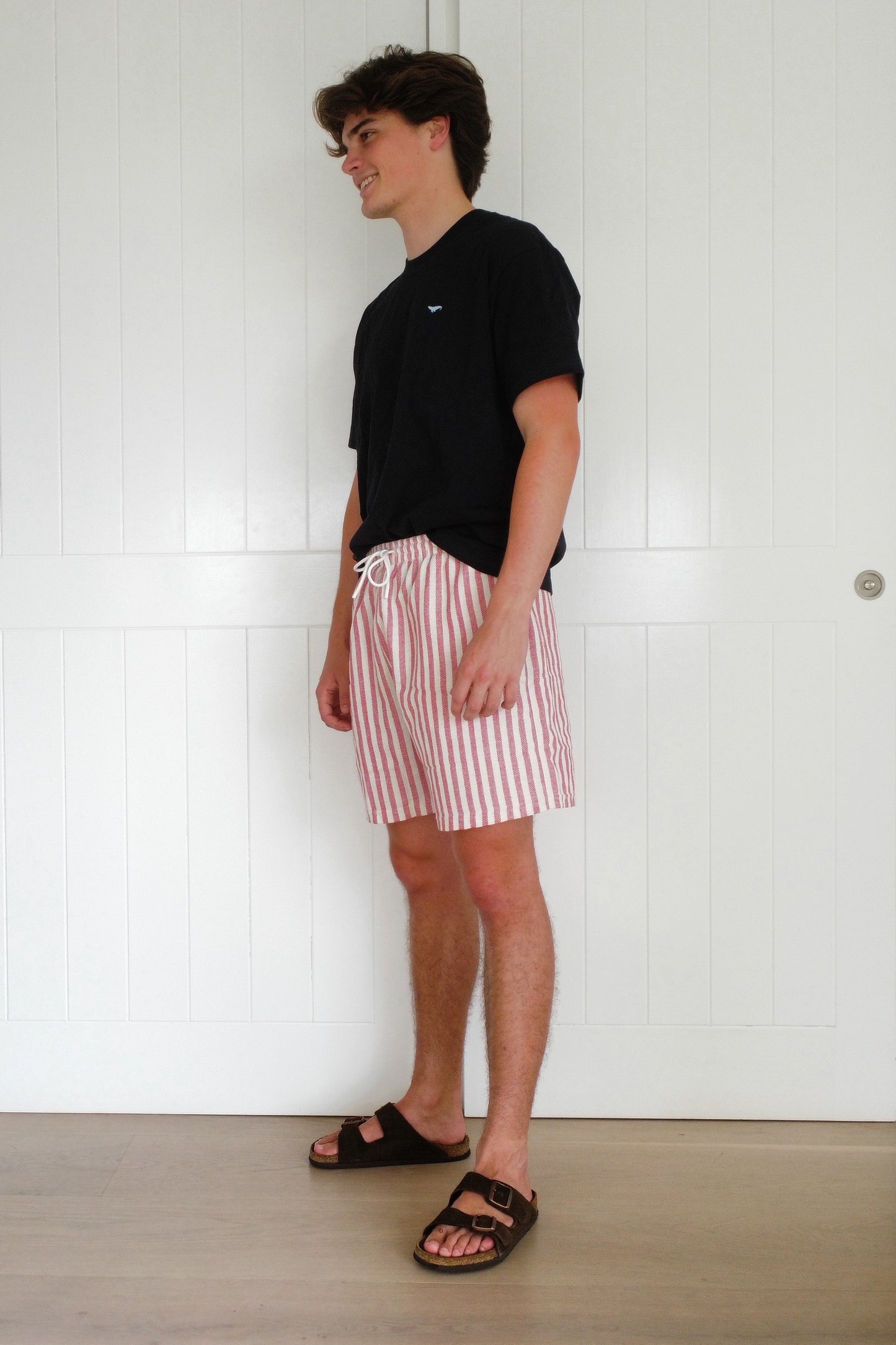 Red Narrow Stripe Towel Shorts